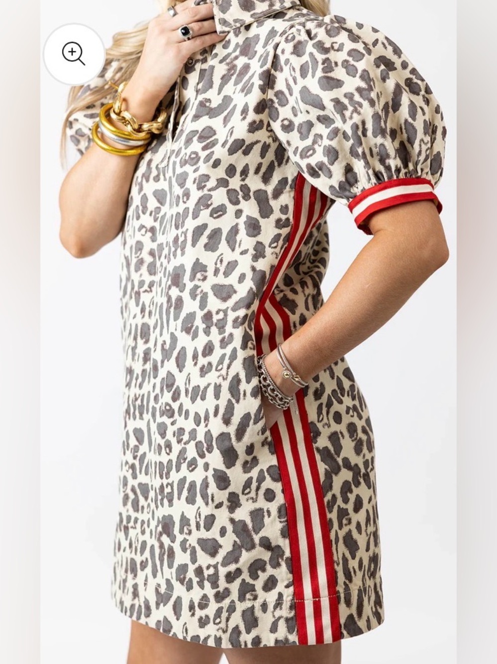 Entro Ecru Leopard Print Puff-Sleeve Shift Dress with Red Trim size s # 1241 - Picture 2 of 8